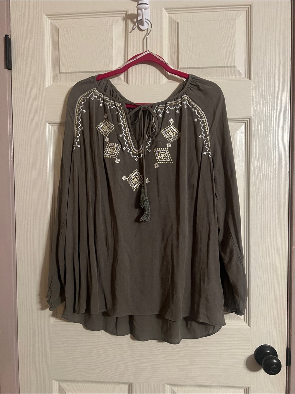 Miss Me Olive Green Embroidered Peasant Blouse